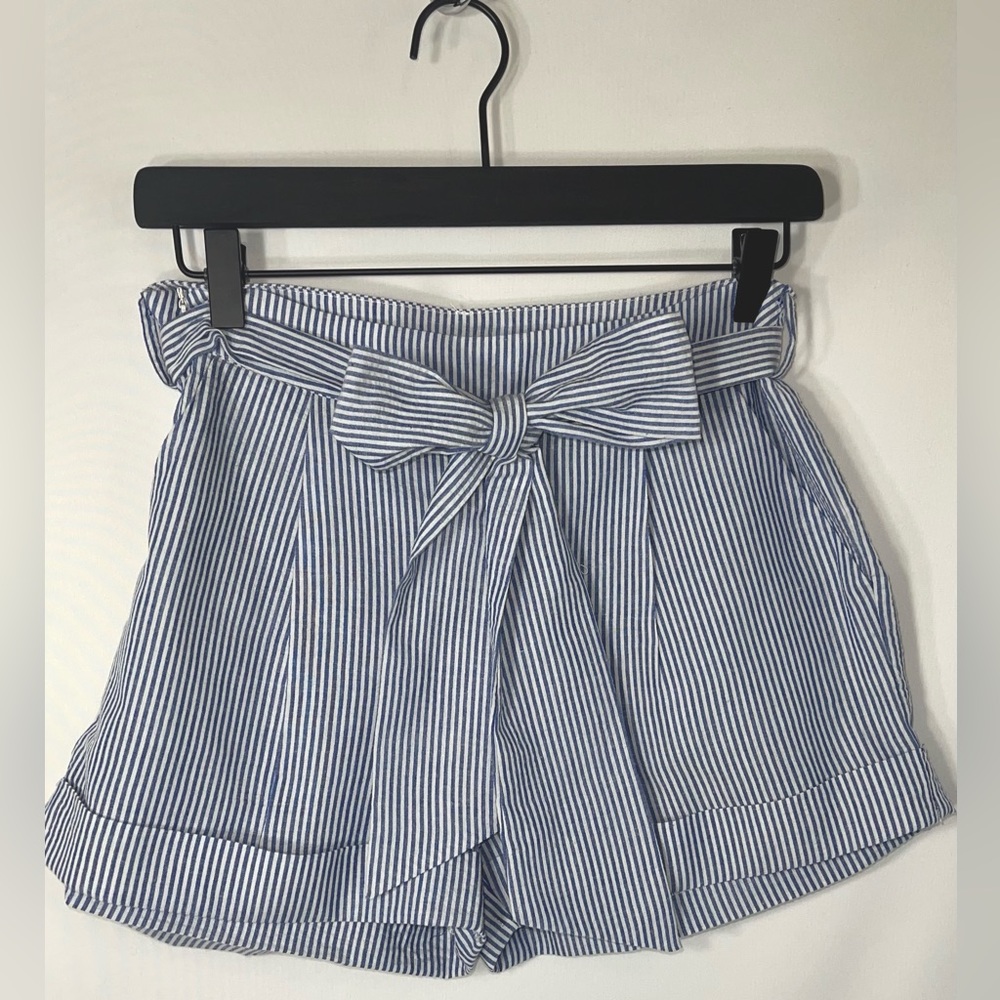 Striped Blue & White High Waist Linen Shorts with Wrap size Small